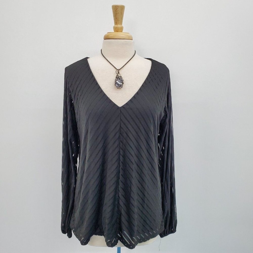 Daytrip Womens Black Long Sleeve Striped Mesh V-Neck Top Blouse Size XL Lined
